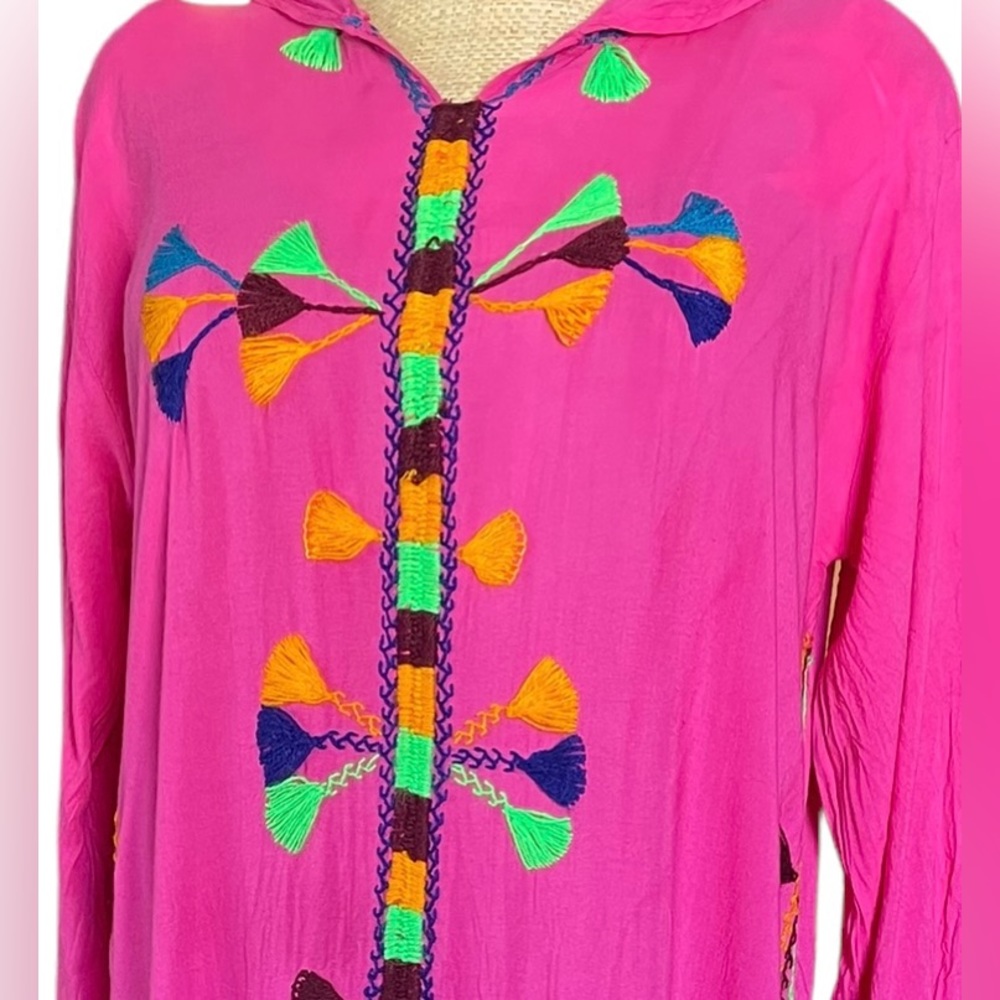 Pink hand made Rayon voile embroidered gown with hood and side slit pockets